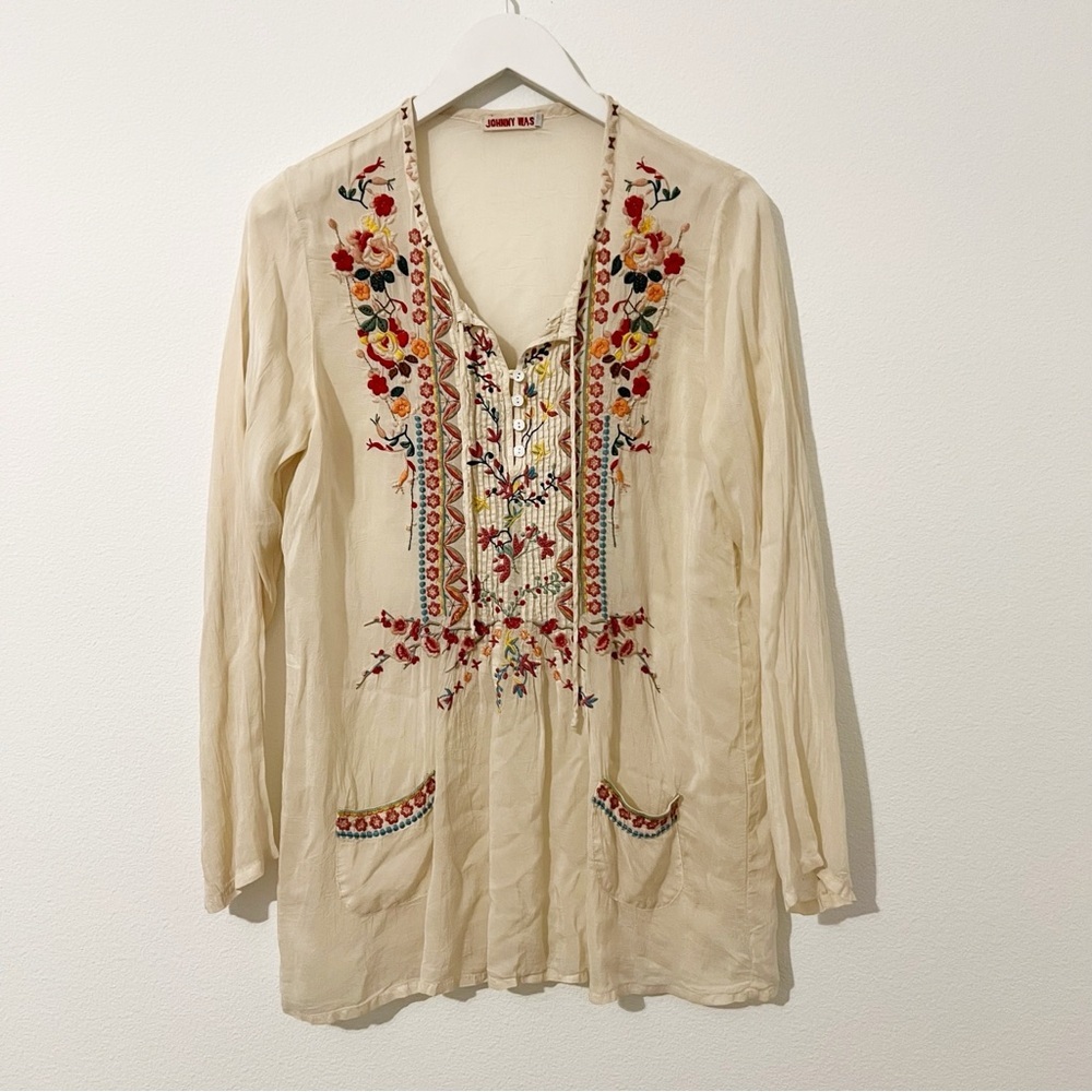 Johnny Was Cream Embroidered Tunic Top Blouse Small S